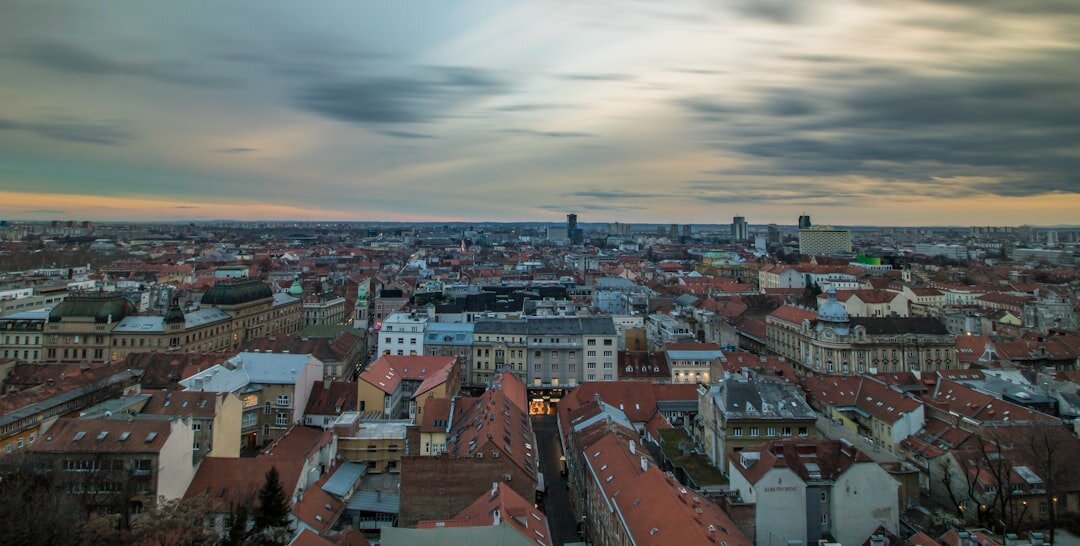 Red-tiled rooftops of Zagreb's old town at dusk